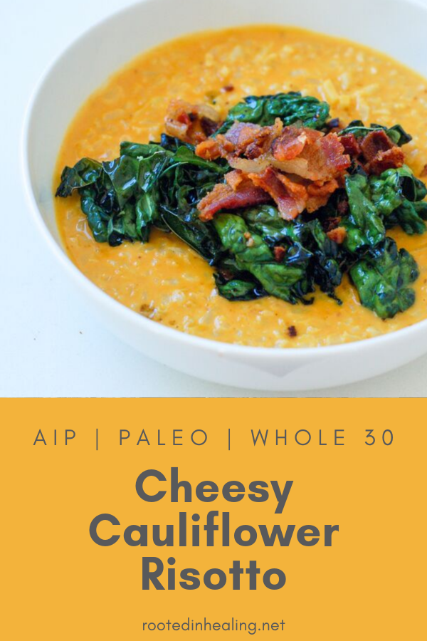 PINTEREST photo of Cheesy cauliflower grits with kale and bacon