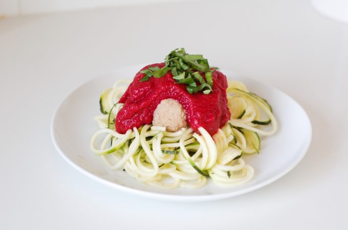 creamy tomato sauce on top of zucchini noodles