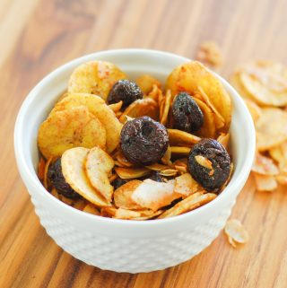 plantain chips, dried berries and coconut chips