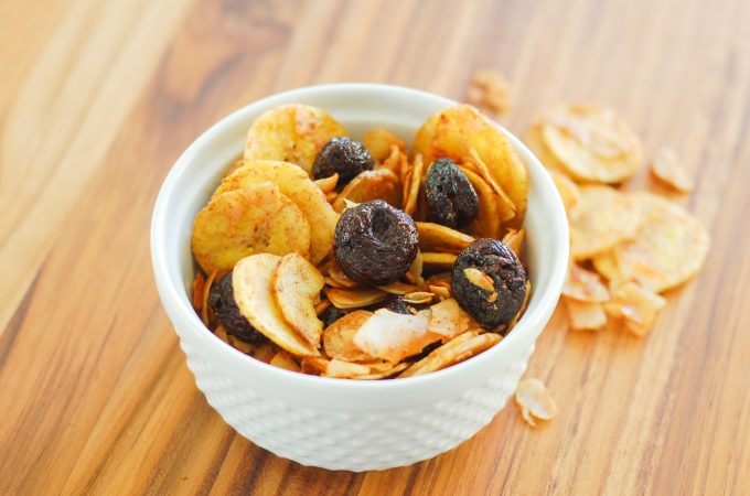 plantain chips, dried berries and coconut chips